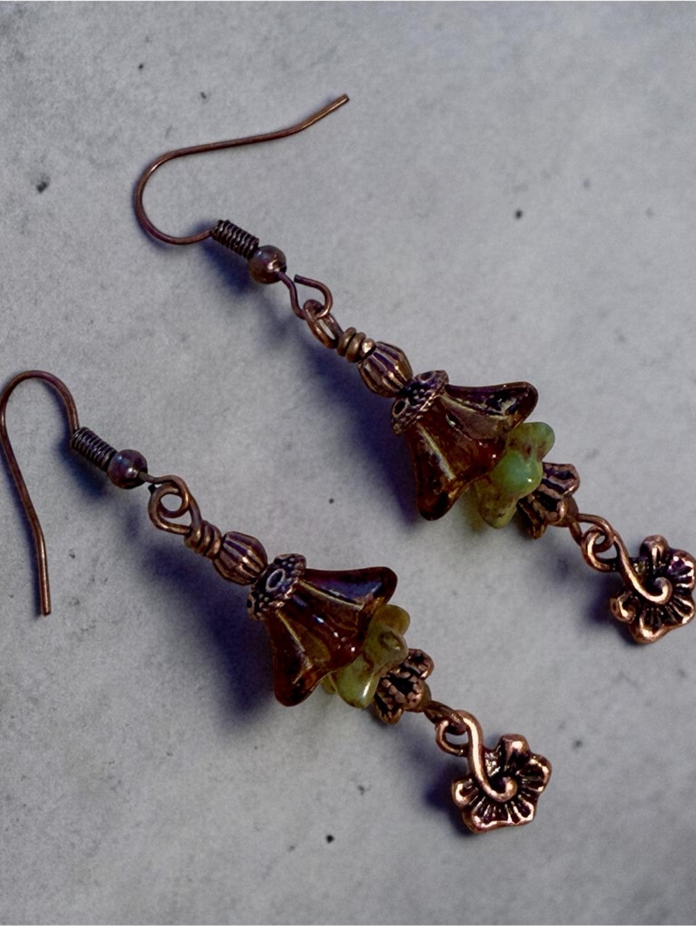 New Czech Glass Brown & Green Folksy Flower Copper Lotus Earrings